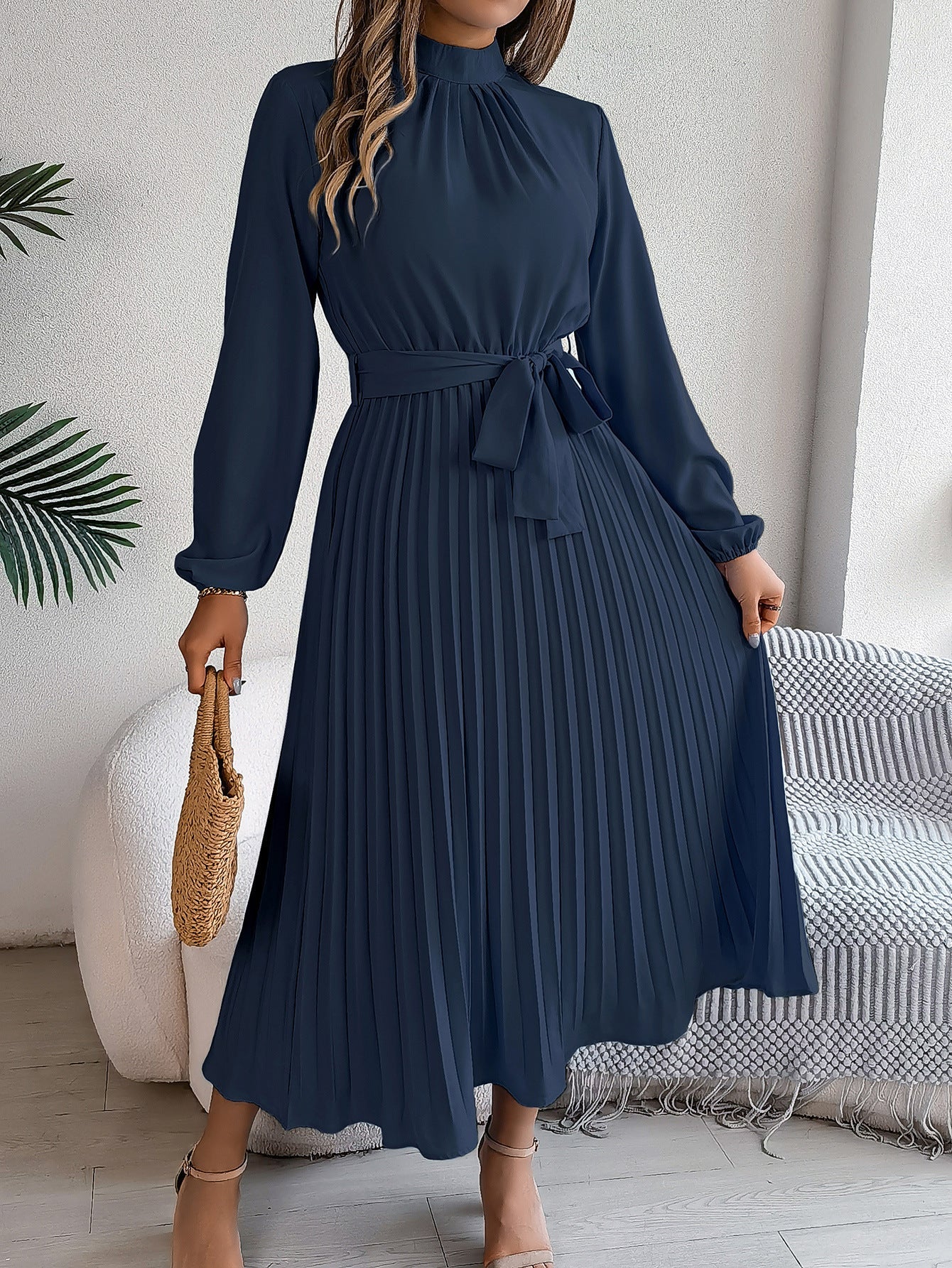 Autumn Winter Elegant Stand Collar Long Sleeve Cinched Pleated Maxi Dress Small Dress Women Clothing Bella Mia