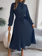 Autumn Winter Elegant Stand Collar Long Sleeve Cinched Pleated Maxi Dress Small Dress Women Clothing Bella Mia