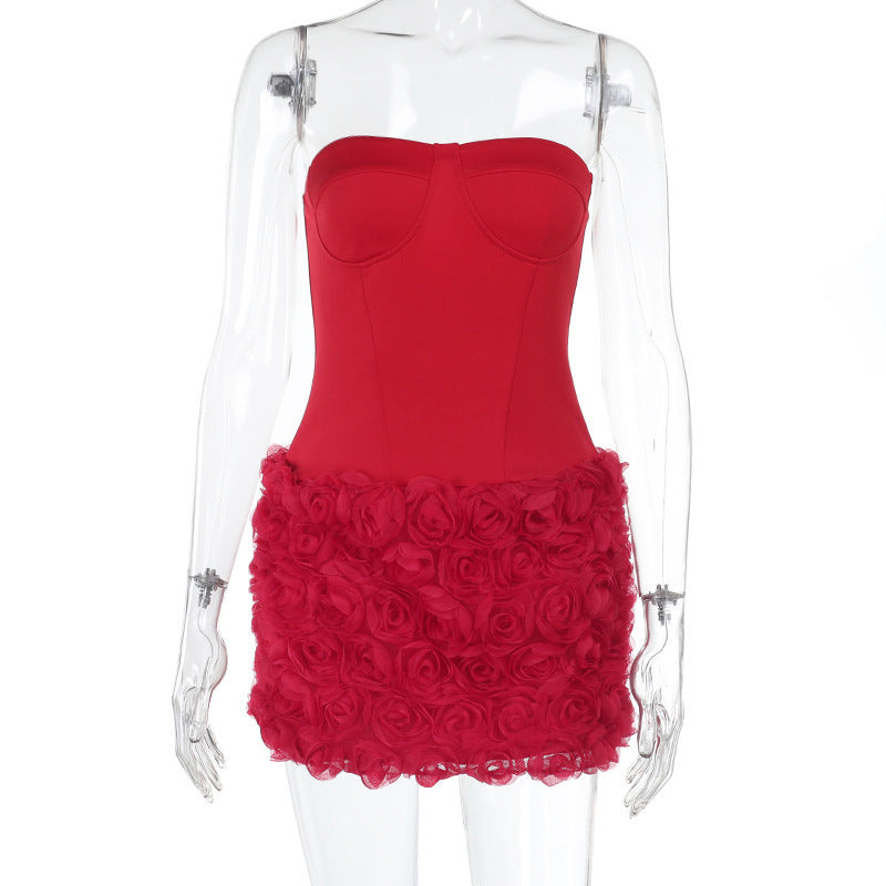 Spring Dress Socialite Elegant Sexy Three Dimensional Floral Texture Tube Top Dress Bella Mia