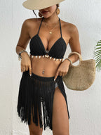 Women Pure Hand Crocheting Sets Women Clothing Shell Stitching Strap Tassel Dress Bikini Top Two Piece Set Bella Mia
