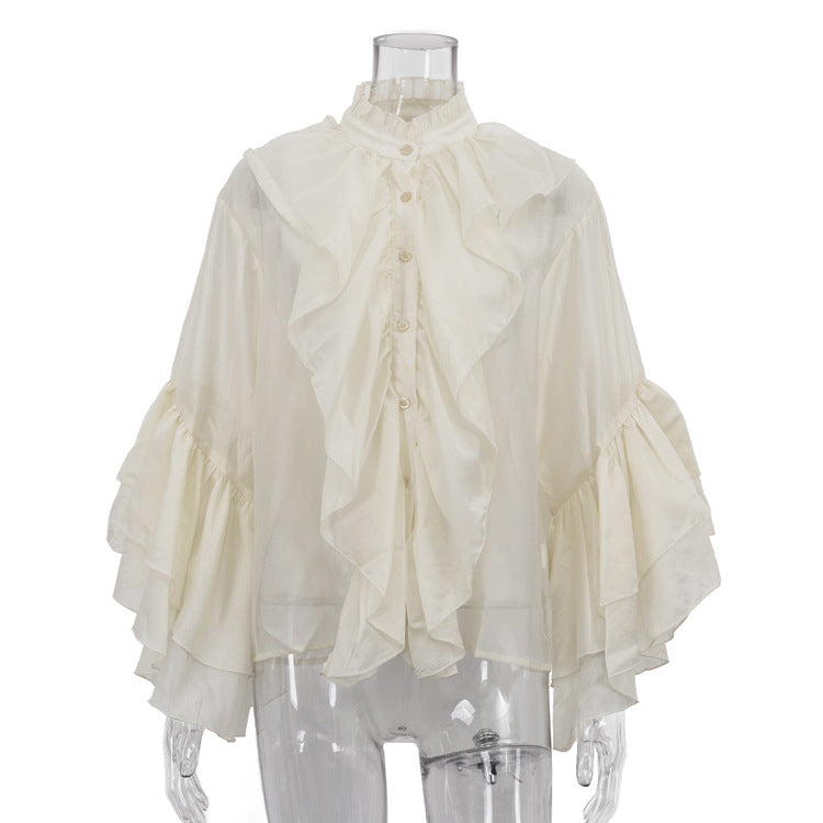 All Match Casual Women Shirt Design Ruffled Stand up Collar Long Sleeved French Top