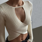 Autumn Women Clothing Sexy Sexy Hollow Out Cutout Knitted Threaded Long Sleeve Cropped Top Bella Mia