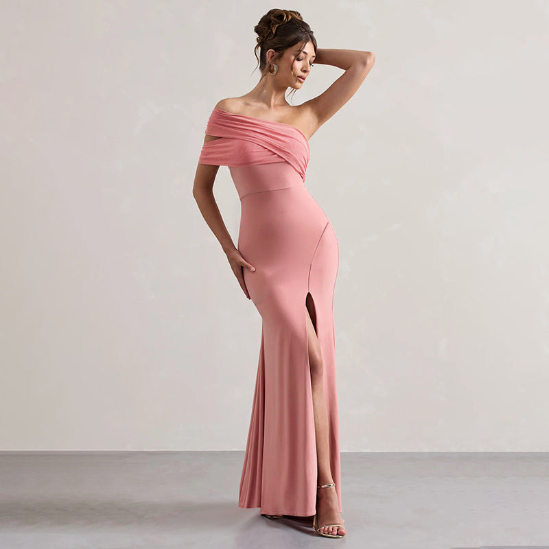 Autumn Socialite Sexy Mesh Stitching off Shoulder Split Dress Women Bella Mia