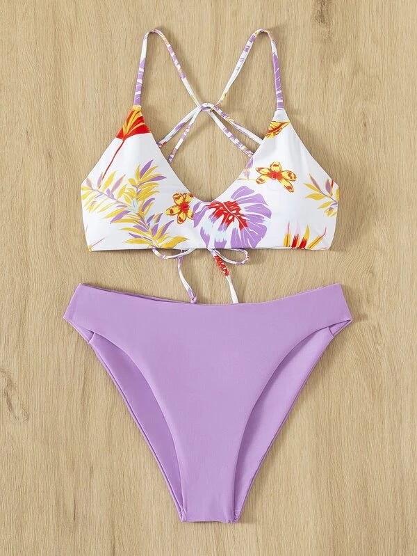 Bikini Swimsuit Criss Cross Split Floral Bikini U Shaped Decorative Swimming Tide Swimsuit