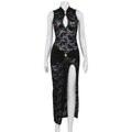 Sexy Hollow Out Cutout out Lace Design Sleeveless Slim Cheongsam High Slit Dress Women Bella Mia