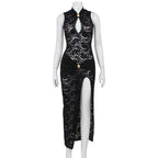 Sexy Hollow Out Cutout out Lace Design Sleeveless Slim Cheongsam High Slit Dress Women Bella Mia