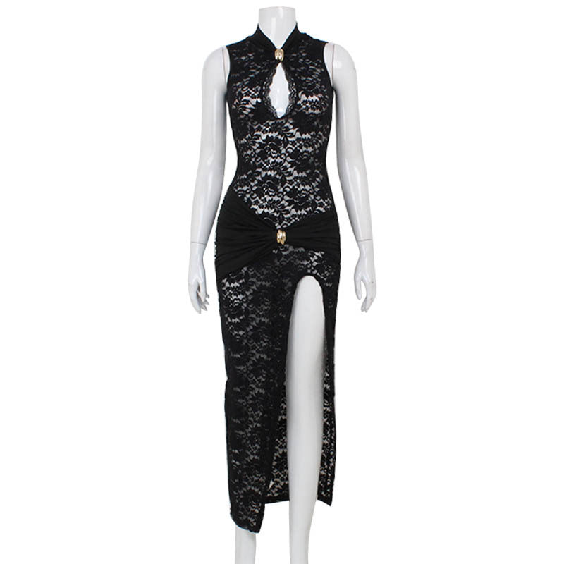 Sexy Hollow Out Cutout out Lace Design Sleeveless Slim Cheongsam High Slit Dress Women Bella Mia