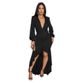 Women Wear Elegant V neck Split Long Sleeve Solid Color Dress Bella Mia