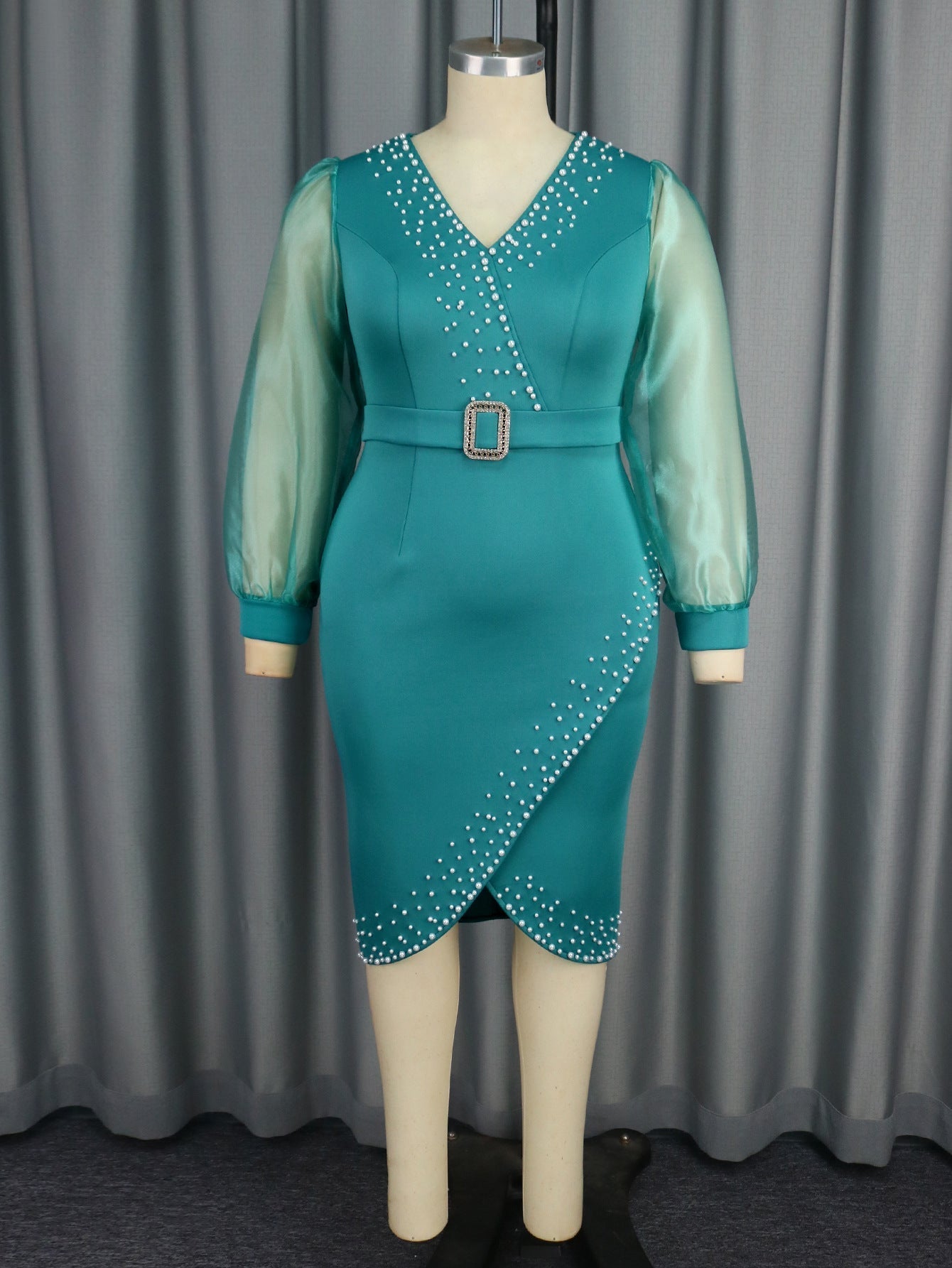 V neck Puff Sleeve High Waist Dress See through Sleeve Midi Dress Bella Mia