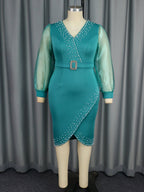 V neck Puff Sleeve High Waist Dress See through Sleeve Midi Dress Bella Mia