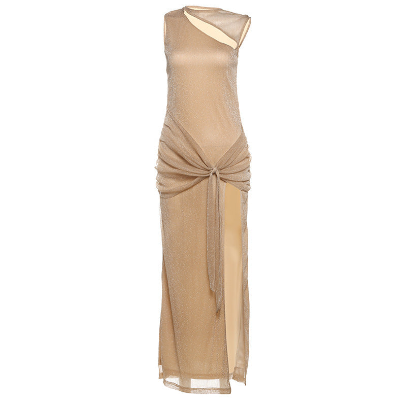 Spring Women Clothing Crew Neck Hollow Out Cutout Sexy High Slit Slim Fit Dress Women Bella Mia