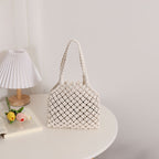 Hollow Out Cutout Cotton Thread Woven Bag Summer Cotton String Women Bag Portable Solid Color Straw Bag Vacation Beach Bag Bella Mia