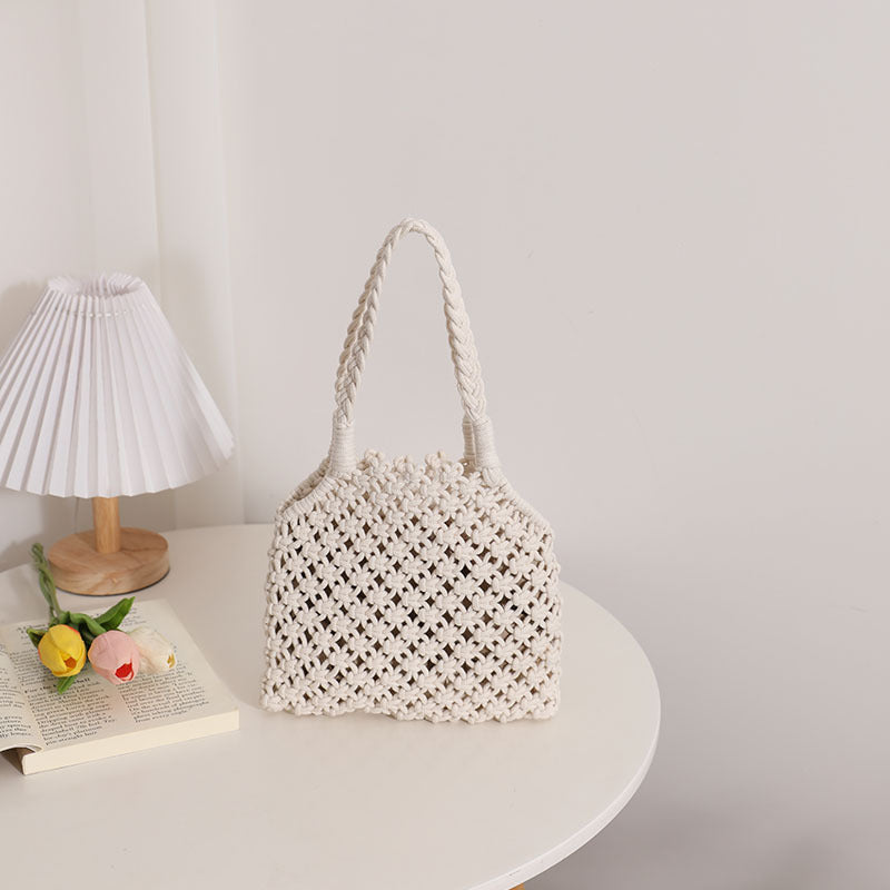 Hollow Out Cutout Cotton Thread Woven Bag Summer Cotton String Women Bag Portable Solid Color Straw Bag Vacation Beach Bag Bella Mia