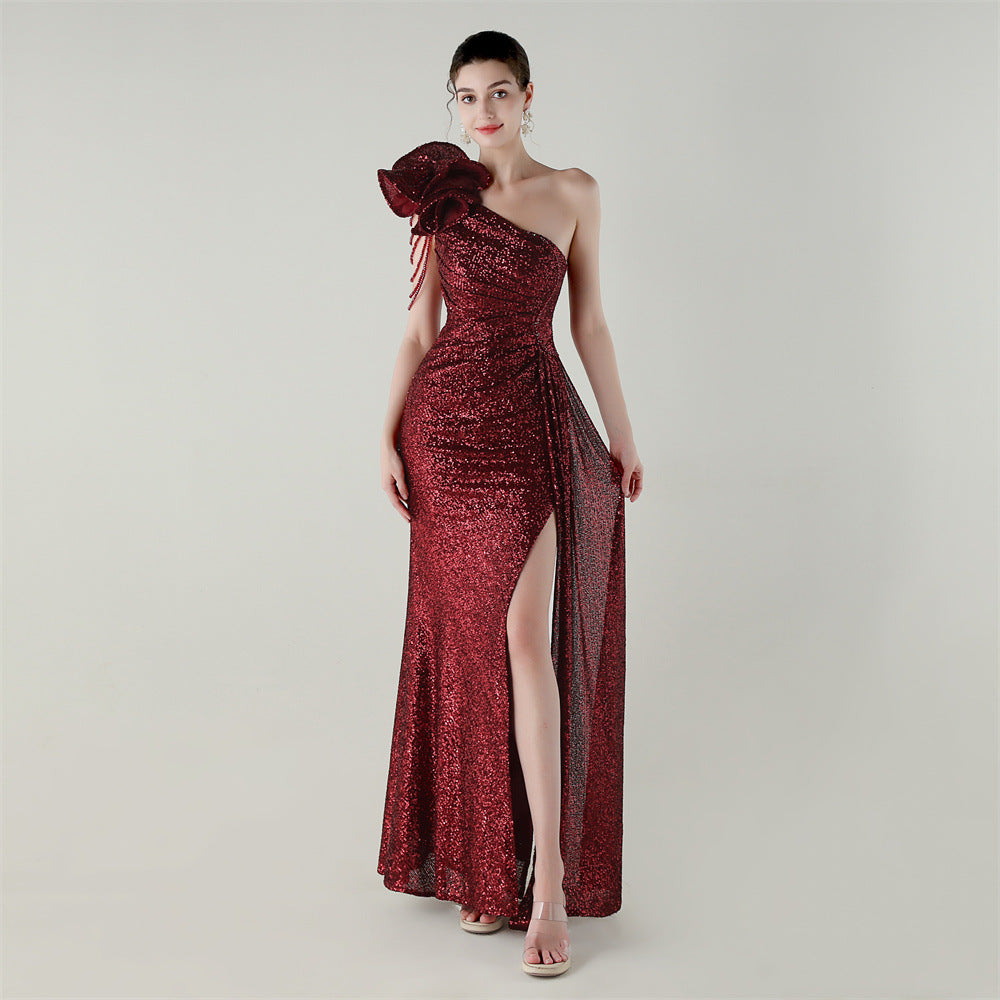 Craft Floral Beaded One Shoulder Diagonal Collar Fishtail Evening Dress Dinner Wedding Awards Ceremony Social Dress Bella Mia