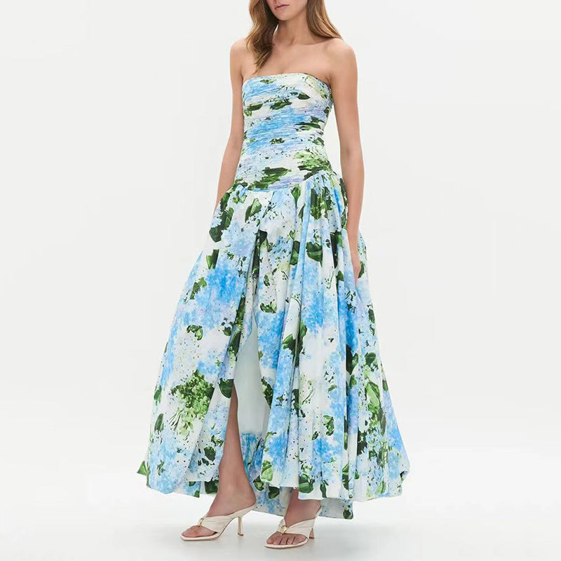 Seaside Vacation Dress for Women Summer Fresh Printed Sleeveless Tube Top Tight Waist Slimming Slit Maxi Dress