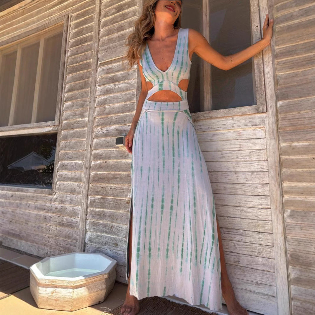 Summer Dress Printed V neck Cropped Outfit Split Sexy Vest Long Dress