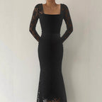 Autumn Winter Women Clothing Fashionable Elegant Lace Stitching Square Collar Slimming Pleated Maxi Dress Bella Mia