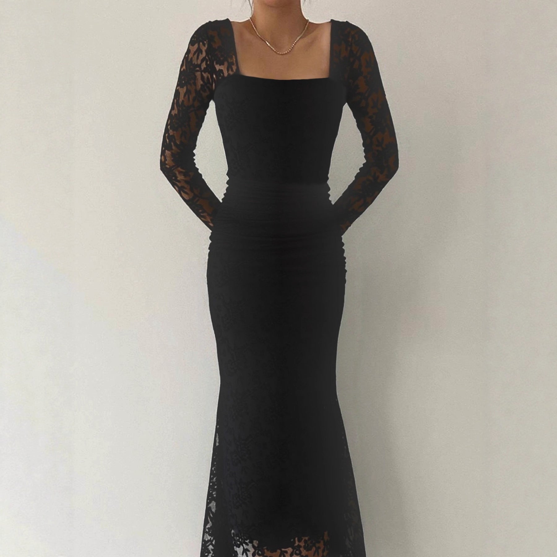 Autumn Winter Women Clothing Fashionable Elegant Lace Stitching Square Collar Slimming Pleated Maxi Dress Bella Mia
