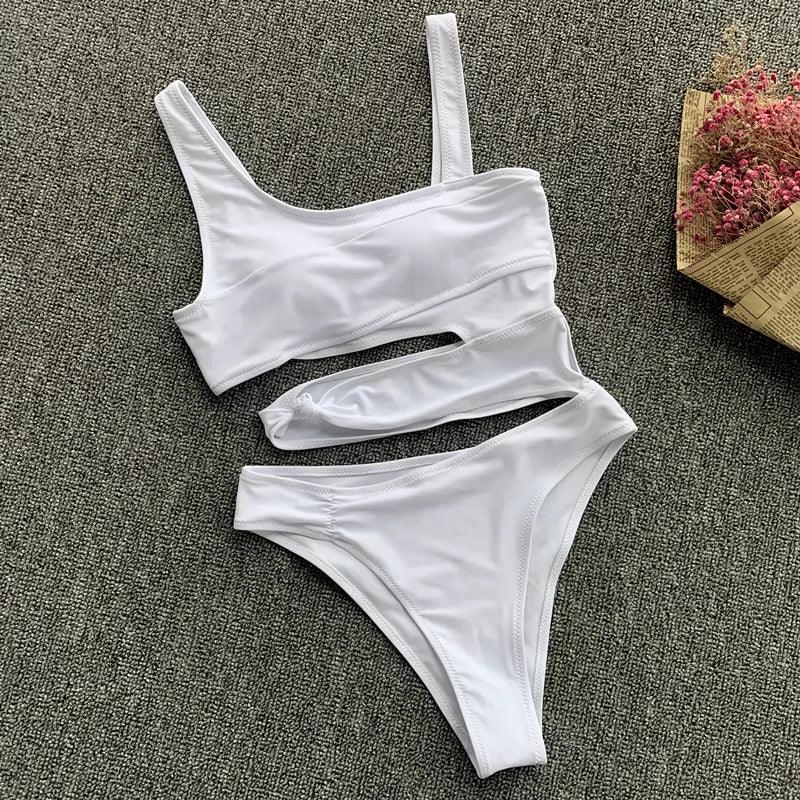 Triangle Nylon Chest Pad Summer Beach Swimsuit Solid Color Hollow-out Midriff Irregular Spaghetti-Strap Sexy One Piece Swimsuit LUXLIFE BRANDS