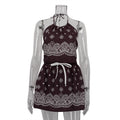 Digital Vintage Print Sexy Women Lace up Halterneck Backless Top High Waist Short Skirt Two Piece Sets Bella Mia