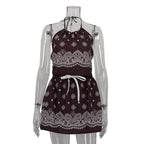 Digital Vintage Print Sexy Women Lace up Halterneck Backless Top High Waist Short Skirt Two Piece Sets Bella Mia
