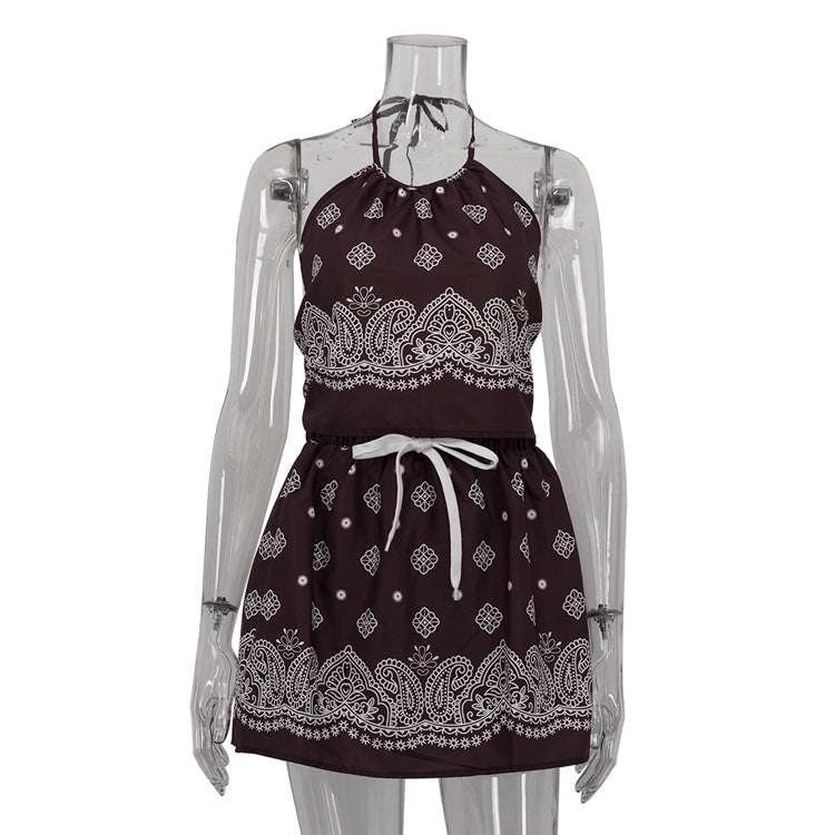 Digital Vintage Print Sexy Women Lace up Halterneck Backless Top High Waist Short Skirt Two Piece Sets Bella Mia