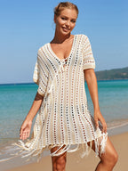 Knitted Hollow-out Headwear Blouse Holiday Casual Beach Bikini Cover 3 Colors