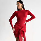 Women Clothing Autumn Long Sleeve round Neck Ribbon Slim Sheath Dress Bella Mia
