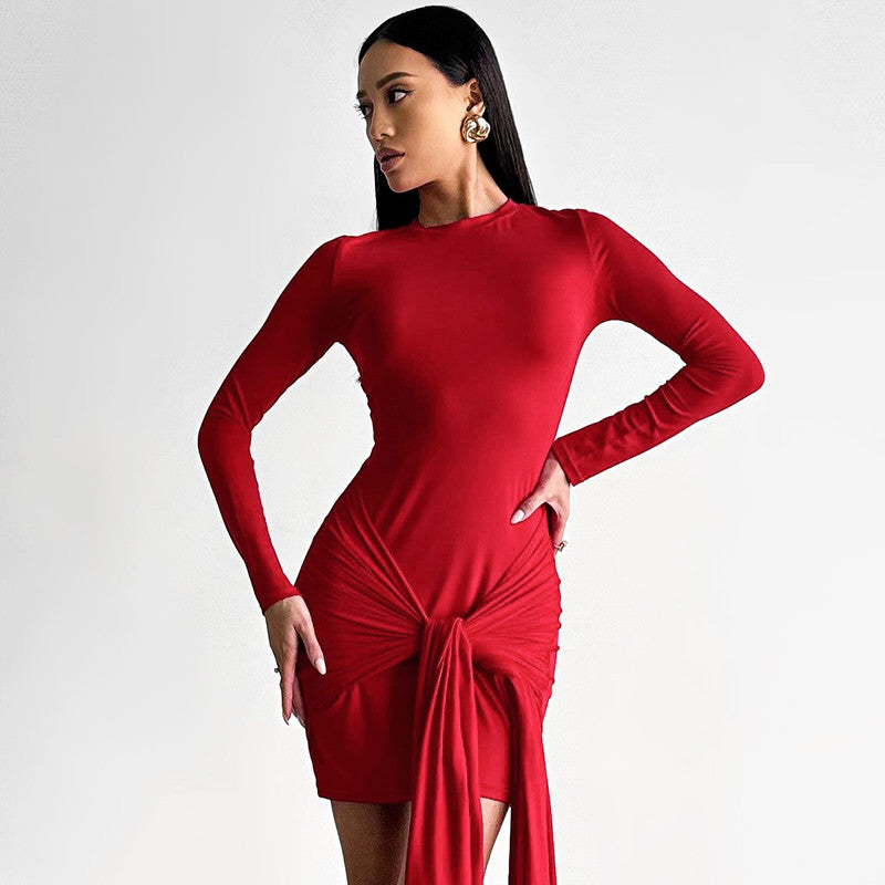 Women Clothing Autumn Long Sleeve round Neck Ribbon Slim Sheath Dress Bella Mia