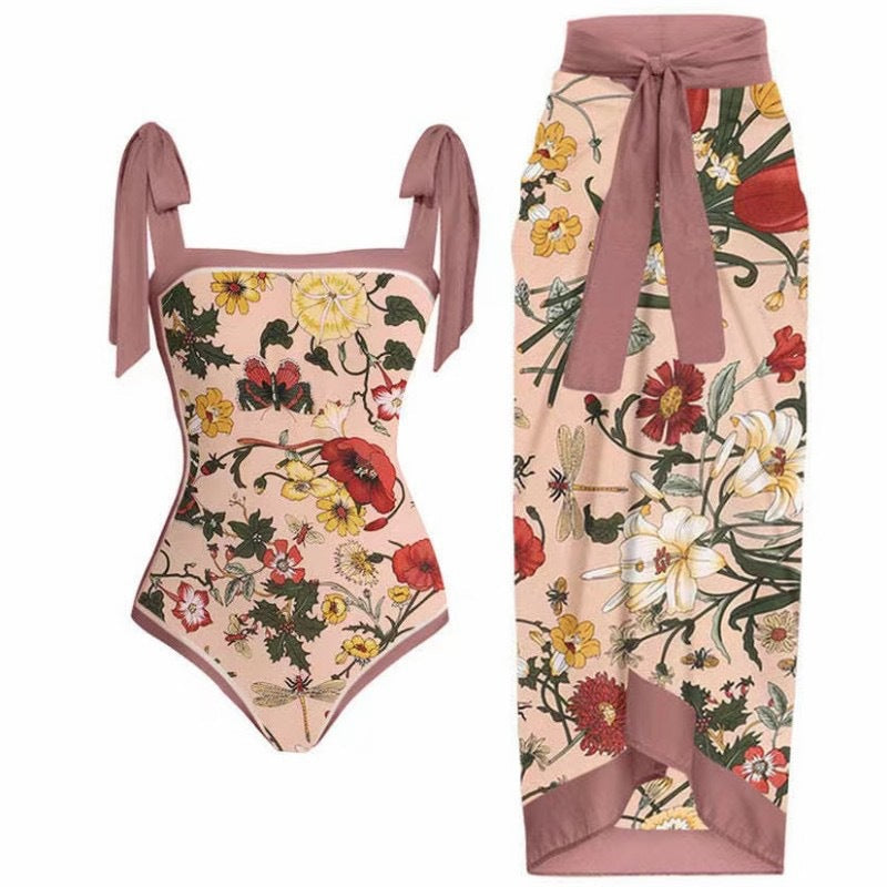 Double Sided Swimsuit Printed Conservative Cover Belly Sheath Dress Two Piece Swimsuit Bella Mia