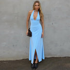 Women Clothing Sexy V neck Solid Color Sleeveless Halter Lace-up Backless Pleated Waist Tight Slimming Slit Dress Bella Mia