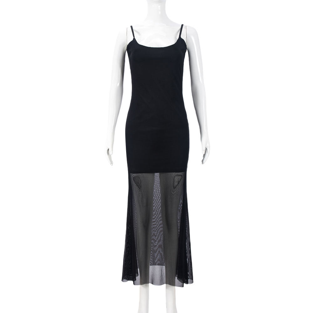 Women Clothing Autumn Cocktail Party Dinner High Mesh Double Layer U Collar Sexy Sling Slim Fit Dress Bella Mia