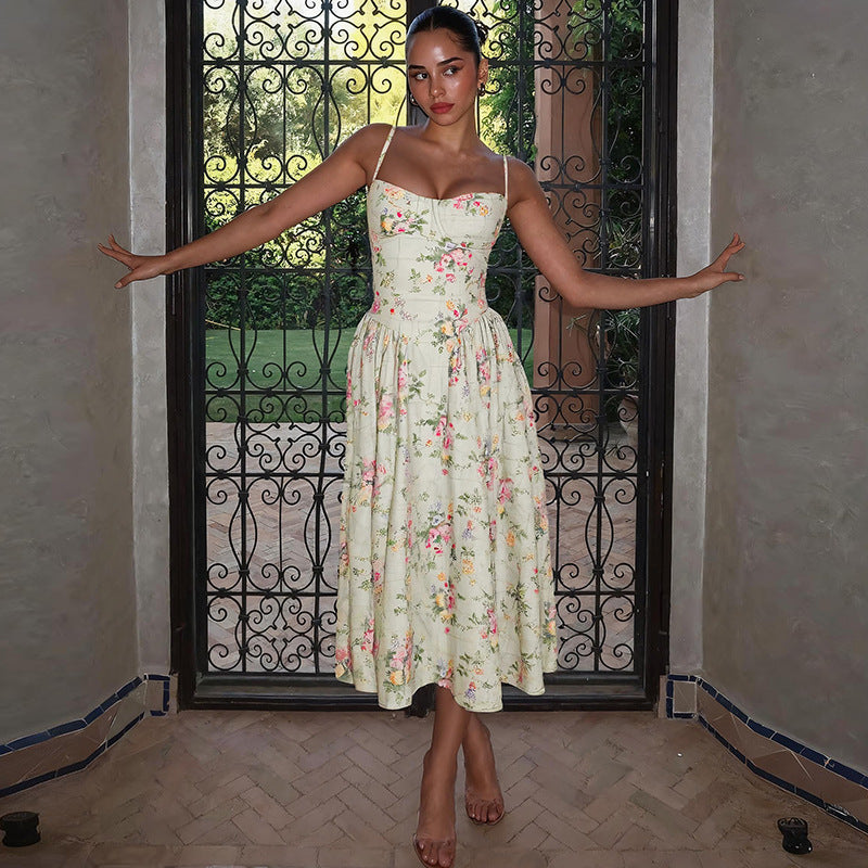 Summer Women Clothing French Sexy Backless Waist Trimming Slimming Printed Dress Women Bella Mia