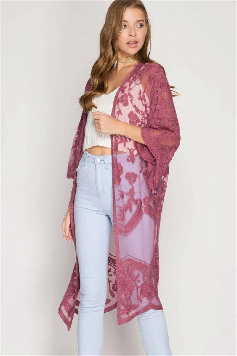 Lace Mesh Embroidered Beach Cover up Sexy Cardigan Sunscreen Beach Bella Mia