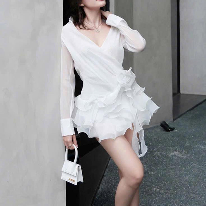 Sexy Lightly Mature Shirt Dress Summer V neck Stitching Floral Ruffled Ribbon Dress Bella Mia
