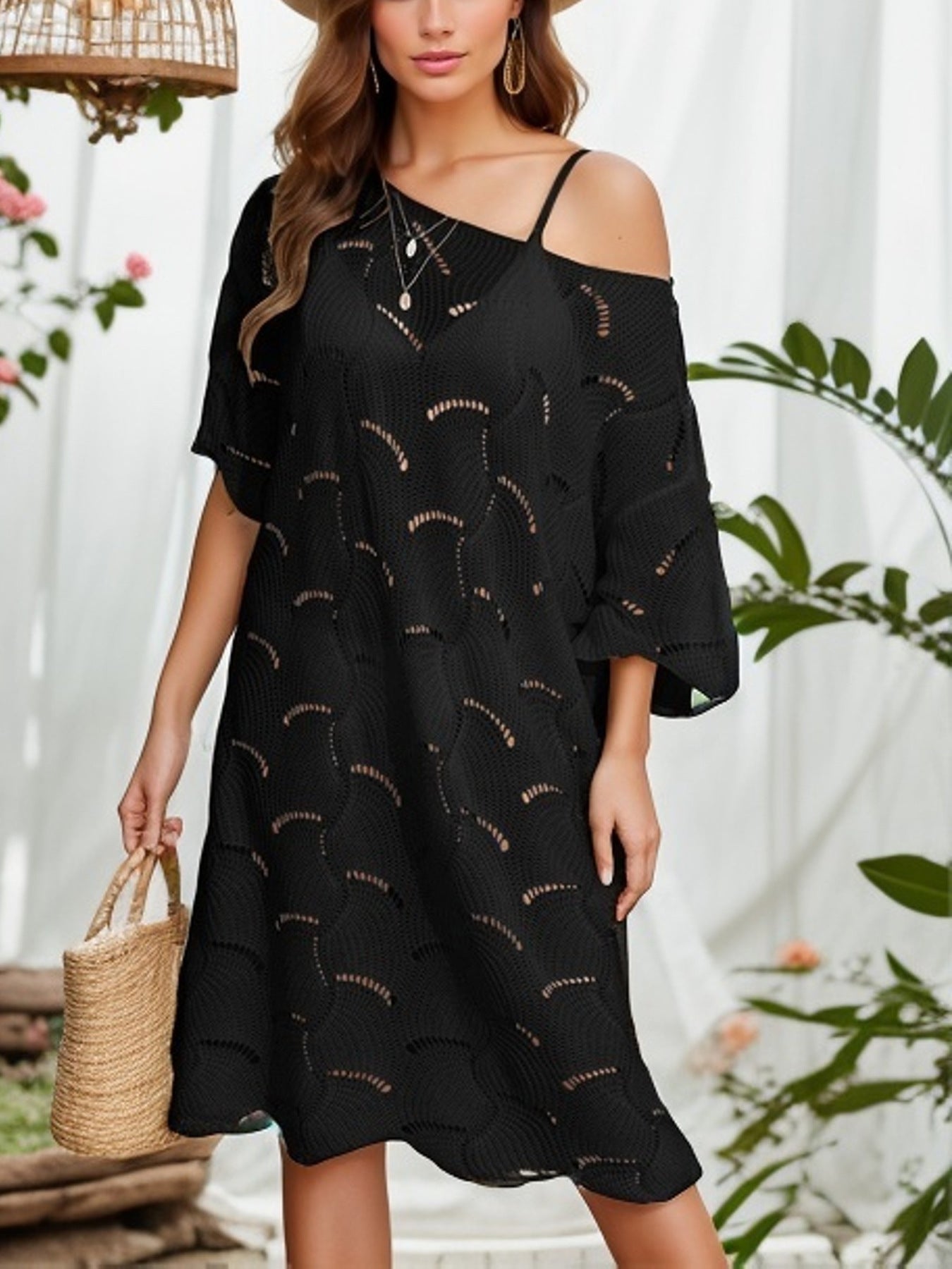 Summer Holiday Dress Sexy off-Neck Hollow Out Cutout-out Knitted Swimsuit Sun Protection Blouse for Women Crochet hook Crochet hook Crochet hook Bella Mia