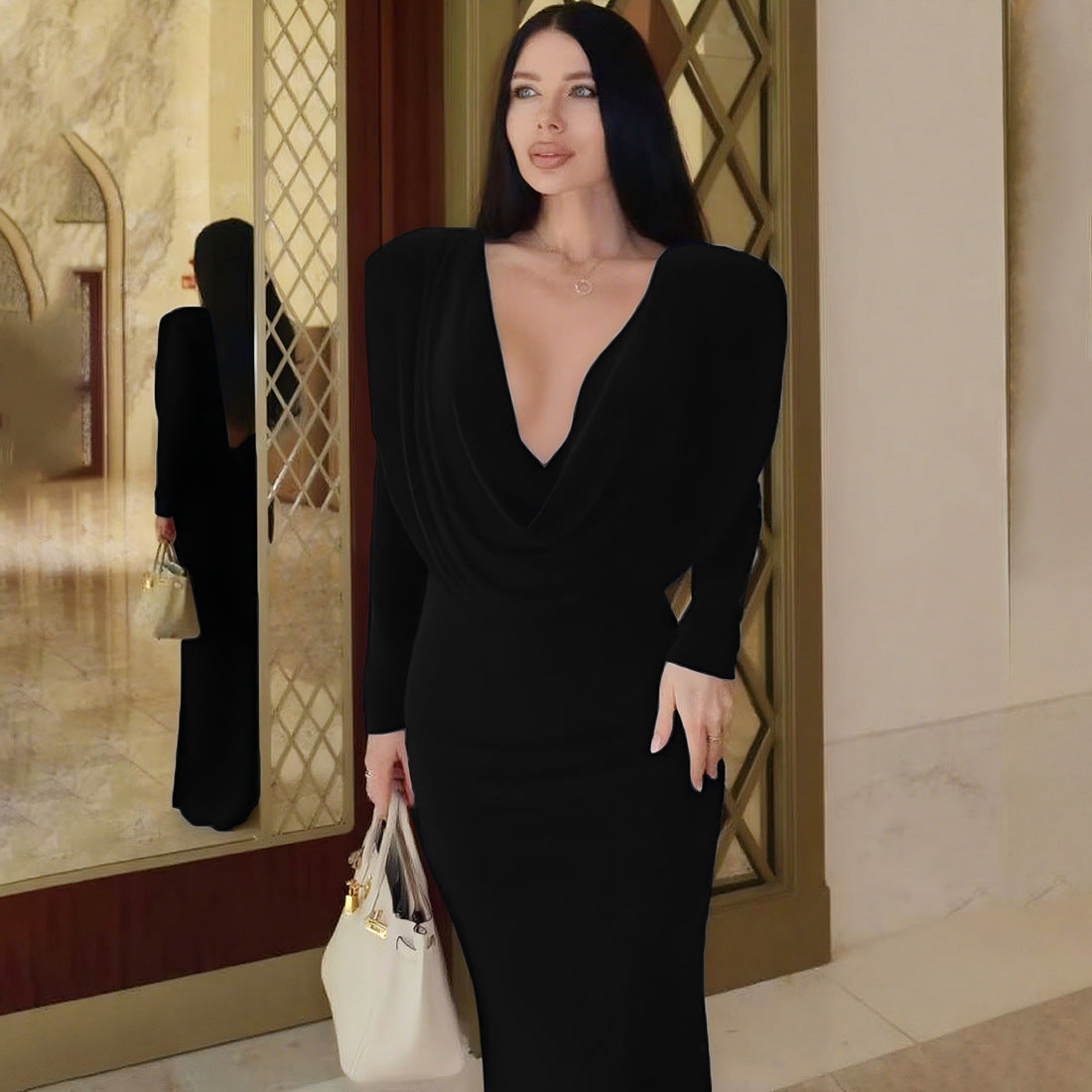 Fall Women Clothing Sexy Backless Swing Collar Slim Pleated Solid Color Long Sleeve Dress Bella Mia