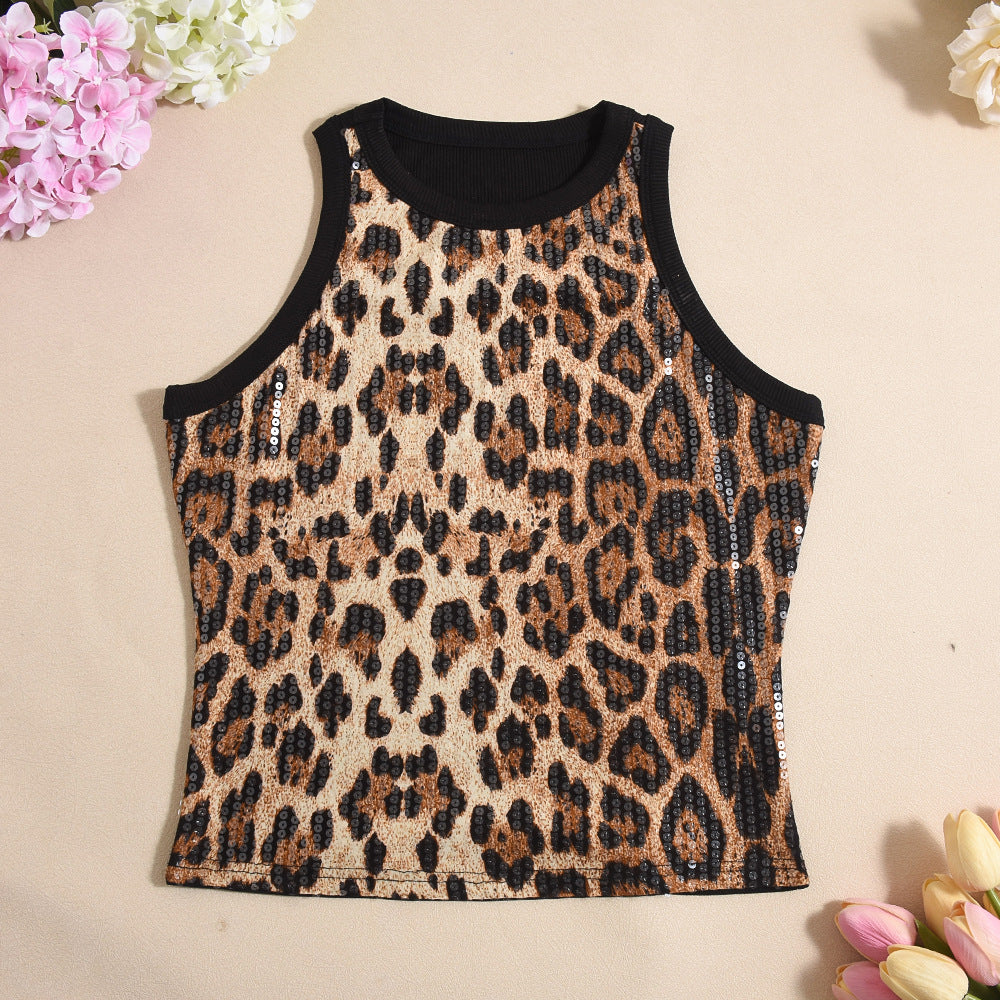 Sequin Leopard Print Women Vest Sexy Cropped Cropped Outfit Color Matching Sleeveless Top Women Bella Mia