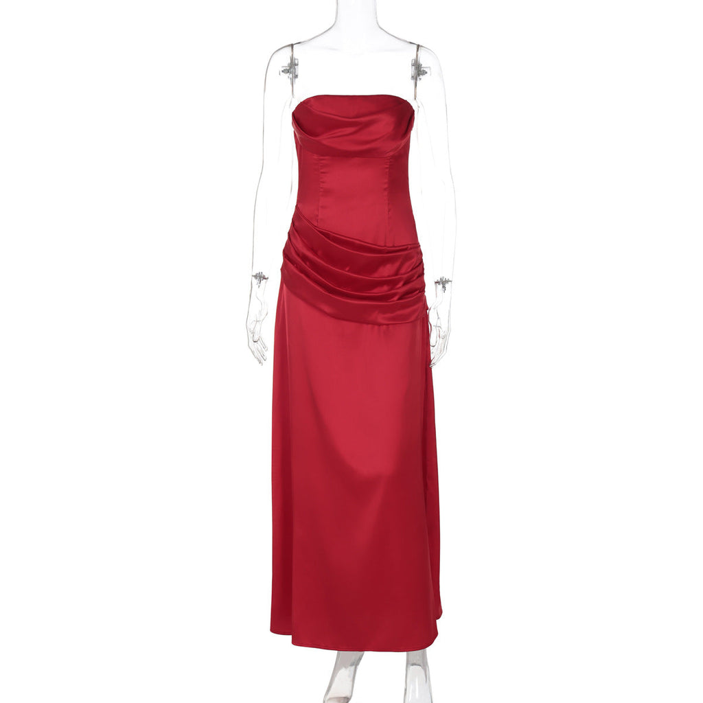 Summer Women Solid Color Graceful Satin Pleated Slim Tube Top Dress Bella Mia