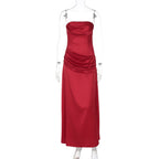 Summer Women Solid Color Graceful Satin Pleated Slim Tube Top Dress Bella Mia