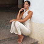 Summer Solid Color Sleeveless Halter Sexy Backless Satin Dress Bella Mia