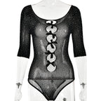 Autumn Sexy High Elastic Knitted See through Bow Hollow Out Cutout Rhinestone Jumpsuit Bella Mia