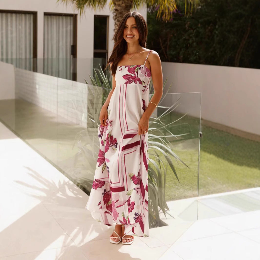 Printed Sling High Waist A line Dress Casual Vacation Spaghetti Straps Maxi Dress