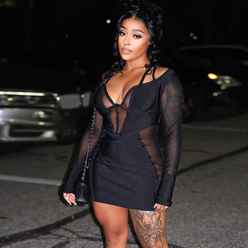 Solid Color Sexy Deep V Plunge Neck Dress Mesh Stitching Long Sleeves Hip Pullover Dress Bella Mia