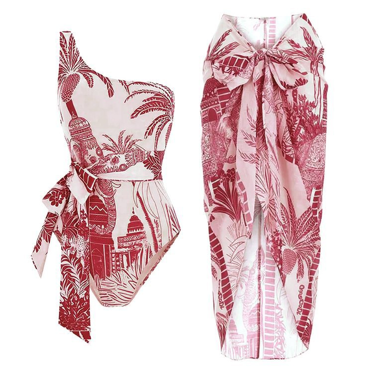 Slant Shoulder Slimming Printed Belt One Piece Swimsuit Women Clothing Bella Mia