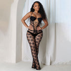 Women Spring Summer Lace Ribbon Padded Halter Lace up Tube Top Hollow Out Cutout-out Cropped Jumpsuit Bella Mia