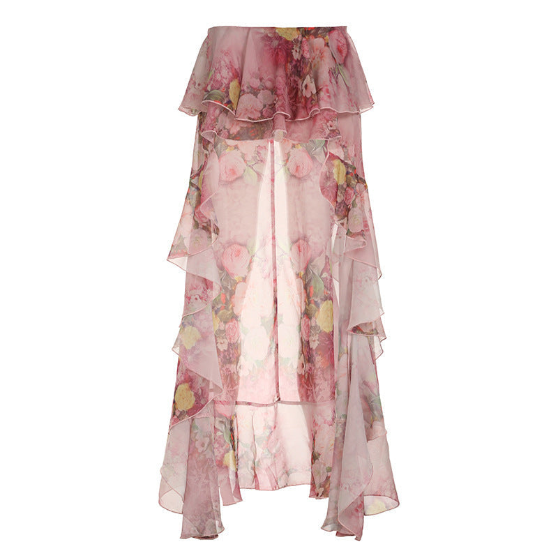 Sexy Holiday Romantic Floral Print Ruffled Skirt Sexy Irregular Asymmetric Trailing Dress with Lining Bella Mia