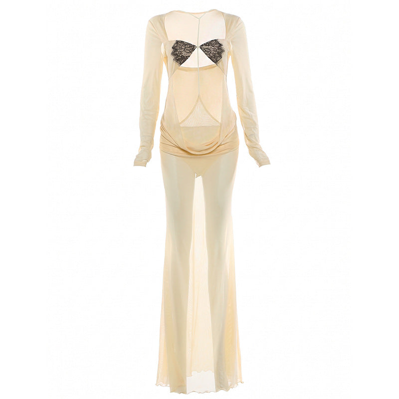 Summer Women Clothing Long Sleeve Sexy Cutout See through Slim Fit Sheath Dress