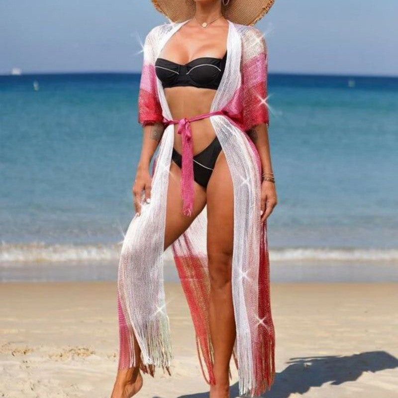Mesh Color Matching Beach Cover up Sexy Cardigan Loose Fitting Tassel Sun Protection Shirt Beach Cover Up Bella Mia