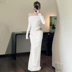 Women Clothing Spring Sexy Sexy off Shoulder Mesh Stitching Long Sleeves Hollow Out Cutout Dress Women Bella Mia